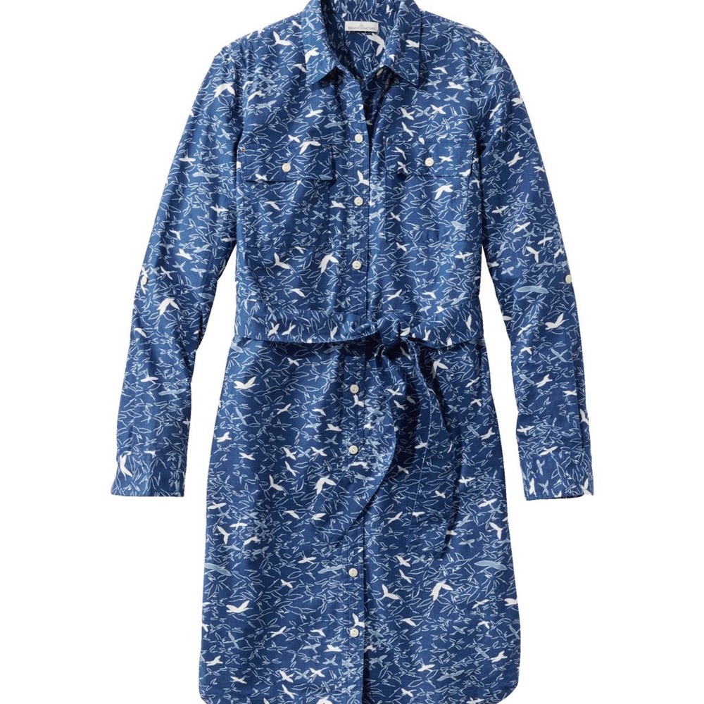 LL Bean Signature Camp Shirt Dress, Button-Front in Deep Blue Nautical Bird